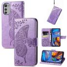 For Motorola Moto E32 Butterfly Love Flower Embossed Flip Leather Phone Case(Light Purple) - 1