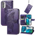 For Motorola Moto G52 Butterfly Love Flower Embossed Flip Leather Phone Case(Dark Purple) - 1