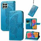 For Samsung Galaxy M33 5G Butterfly Love Flower Embossed Flip Leather Phone Case(Blue) - 1