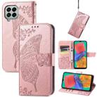 For Samsung Galaxy M33 5G Butterfly Love Flower Embossed Flip Leather Phone Case(Rose Gold) - 1