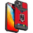 For iPhone 14 Sliding Camshield Card Slot Ring Kickstand Phone Case (Red) - 1