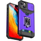 For iPhone 14 Sliding Camshield Card Slot Ring Kickstand Phone Case (Purple) - 1