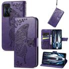 For Xiaomi Redmi K50 Gaming Butterfly Love Flower Embossed Horizontal Flip Leather Phone Case(Dark Purple) - 1