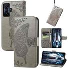 For Xiaomi Redmi K50 Gaming Butterfly Love Flower Embossed Horizontal Flip Leather Phone Case(Gray) - 1