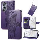 For Honor 70 Butterfly Love Flower Embossed Horizontal Flip Leather Phone Case(Dark Purple) - 1