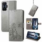 For Xiaomi Redmi K50 Gaming Four-leaf Clasp Embossed Buckle Leather Phone Case(Gray) - 1