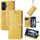 For Xiaomi Redmi K50 Gaming Cute Cat and Dog Embossed Leather Phone Case(Yellow) - 1