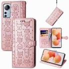 For Xiaomi 12 Lite Cute Cat and Dog Embossed Leather Phone Case(Rose Gold) - 1
