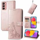 For Samsung Galaxy M13 4G Four-leaf Clasp Embossed Buckle Leather Phone Case(Rose Gold) - 1