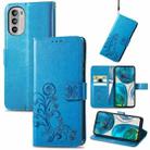 For Motorola Moto G52 Four-leaf Clasp Embossed Buckle Leather Phone Case(Blue) - 1