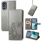 For Motorola Moto G62 Four-leaf Clasp Embossed Buckle Leather Phone Case(Gray) - 1