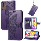For Samsung Galaxy M13 5G Butterfly Love Flower Embossed Flip Leather Phone Case(Dark Purple) - 1