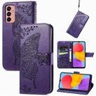 For Samsung Galaxy M13 4G Butterfly Love Flower Embossed Flip Leather Phone Case(Dark Purple) - 1