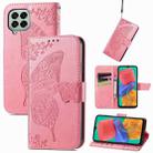 For Samsung Galaxy M33 4G Butterfly Love Flower Embossed Flip Leather Phone Case(Pink) - 1