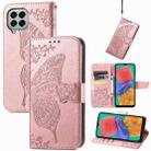 For Samsung Galaxy M33 4G Butterfly Love Flower Embossed Flip Leather Phone Case(Rose Gold) - 1