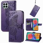 For Samsung Galaxy M33 4G Butterfly Love Flower Embossed Flip Leather Phone Case(Dark Purple) - 1
