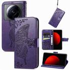 For Xiaomi 12S Ultra Butterfly Love Flower Embossed Flip Leather Phone Case(Dark Purple) - 1