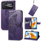 For Xiaomi Poco C40 Butterfly Love Flower Embossed Flip Leather Phone Case(Dark Purple) - 1