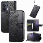 For OPPO Reno8 Butterfly Love Flower Embossed Flip Leather Phone Case(Black) - 1