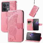 For OPPO Reno8 Butterfly Love Flower Embossed Flip Leather Phone Case(Pink) - 1