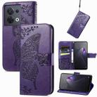 For OPPO Reno8 Butterfly Love Flower Embossed Flip Leather Phone Case(Dark Purple) - 1