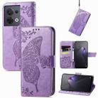 For OPPO Reno8 Butterfly Love Flower Embossed Flip Leather Phone Case(Light Purple) - 1