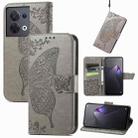 For OPPO Reno8 Butterfly Love Flower Embossed Flip Leather Phone Case(Gray) - 1