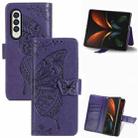 For Samsung Galaxy Z Fold4 Butterfly Love Flower Embossed Horizontal Flip Leather Phone Case(Dark Purple) - 1