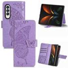 For Samsung Galaxy Z Fold4 Butterfly Love Flower Embossed Horizontal Flip Leather Phone Case(Light Purple) - 1