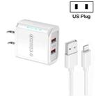 36W Dual Port QC3.0 USB Charger with 3A USB to 8 Pin Data Cable, US Plug(White) - 1