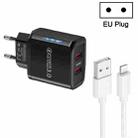 36W Dual Port QC3.0 USB Charger with 3A USB to 8 Pin Data Cable, EU Plug(Black) - 1