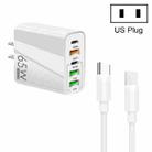 65W Dual PD Type-C + 3 x USB Multi Port Charger with 3A Type-C to Type-C Data Cable, US Plug(White) - 1