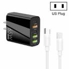 65W Dual PD Type-C + 3 x USB Multi Port Charger with 3A Type-C to Type-C Data Cable, US Plug(Black) - 1