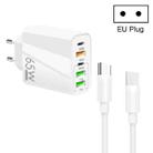 65W Dual PD Type-C + 3 x USB Multi Port Charger with 3A Type-C to Type-C Data Cable, EU Plug(White) - 1
