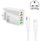 65W Dual PD Type-C + 3 x USB Multi Port Charger with 3A Type-C to Type-C Data Cable, UK Plug(White) - 1