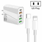 65W Dual PD Type-C + 3 x USB Multi Port Charger with 3A Type-C to 8 Pin Data Cable, US Plug(White) - 1