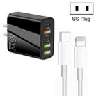 65W Dual PD Type-C + 3 x USB Multi Port Charger with 3A Type-C to 8 Pin Data Cable, US Plug(Black) - 1