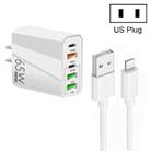 65W Dual PD Type-C + 3 x USB Multi Port Charger with 3A USB to 8 Pin Data Cable, US Plug(White) - 1