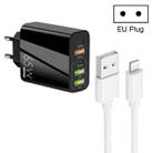 65W Dual PD Type-C + 3 x USB Multi Port Charger with 3A USB to 8 Pin Data Cable, EU Plug(Black) - 1