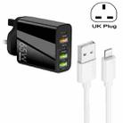 65W Dual PD Type-C + 3 x USB Multi Port Charger with 3A USB to 8 Pin Data Cable, UK Plug(Black) - 1