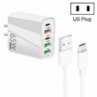 65W Dual PD Type-C + 3 x USB Multi Port Charger with 3A USB to Type-C Data Cable, US Plug(White) - 1