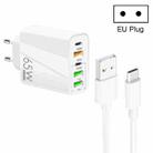 65W Dual PD Type-C + 3 x USB Multi Port Charger with 3A USB to Type-C Data Cable, EU Plug(White) - 1