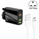 65W Dual PD Type-C + 3 x USB Multi Port Charger with 3A USB to Type-C Data Cable, UK Plug(Black) - 1