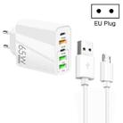 65W Dual PD Type-C + 3 x USB Multi Port Charger with 3A USB to Micro USB Data Cable, EU Plug(White) - 1
