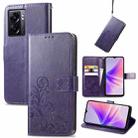 For OPPO A77 Four-leaf Clasp Embossed Buckle Leather Phone Case(Purple) - 1