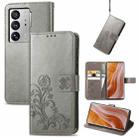 For ZTE Axon 40 Ultra Four-leaf Clasp Embossed Buckle Leather Phone Case(Gray) - 1