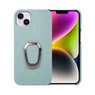 For iPhone 14 Plus Ring Holder Litchi Texture Genuine Leather Phone Case(Cyan) - 1