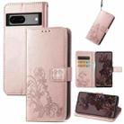 For Google Pixel 7 Four-leaf Clasp Embossed Buckle Leather Phone Case(Rose Gold) - 1