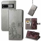 For Google Pixel 7 Four-leaf Clasp Embossed Buckle Leather Phone Case(Gray) - 1