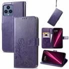 For T-Mobile REVVL 6 5G Four-leaf Clasp Embossed Buckle Leather Phone Case(Purple) - 1